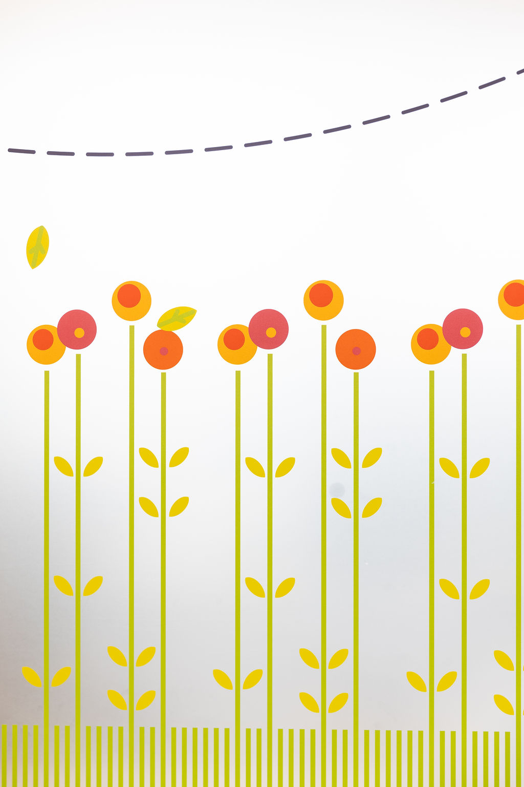 Colorful minimalist artwork featuring stylized orange and red flowers with yellow leaves on tall green stems against a white background.